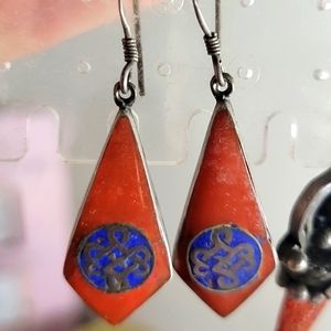 Rare Vintage Sterling Silver red coral and lapis lazuli Earrings
